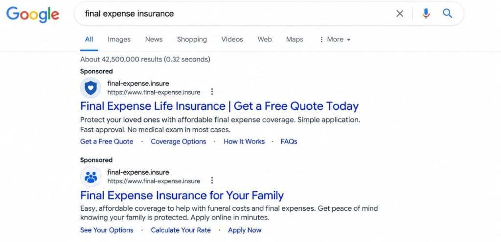 Live Google Search ads for final expense insurance